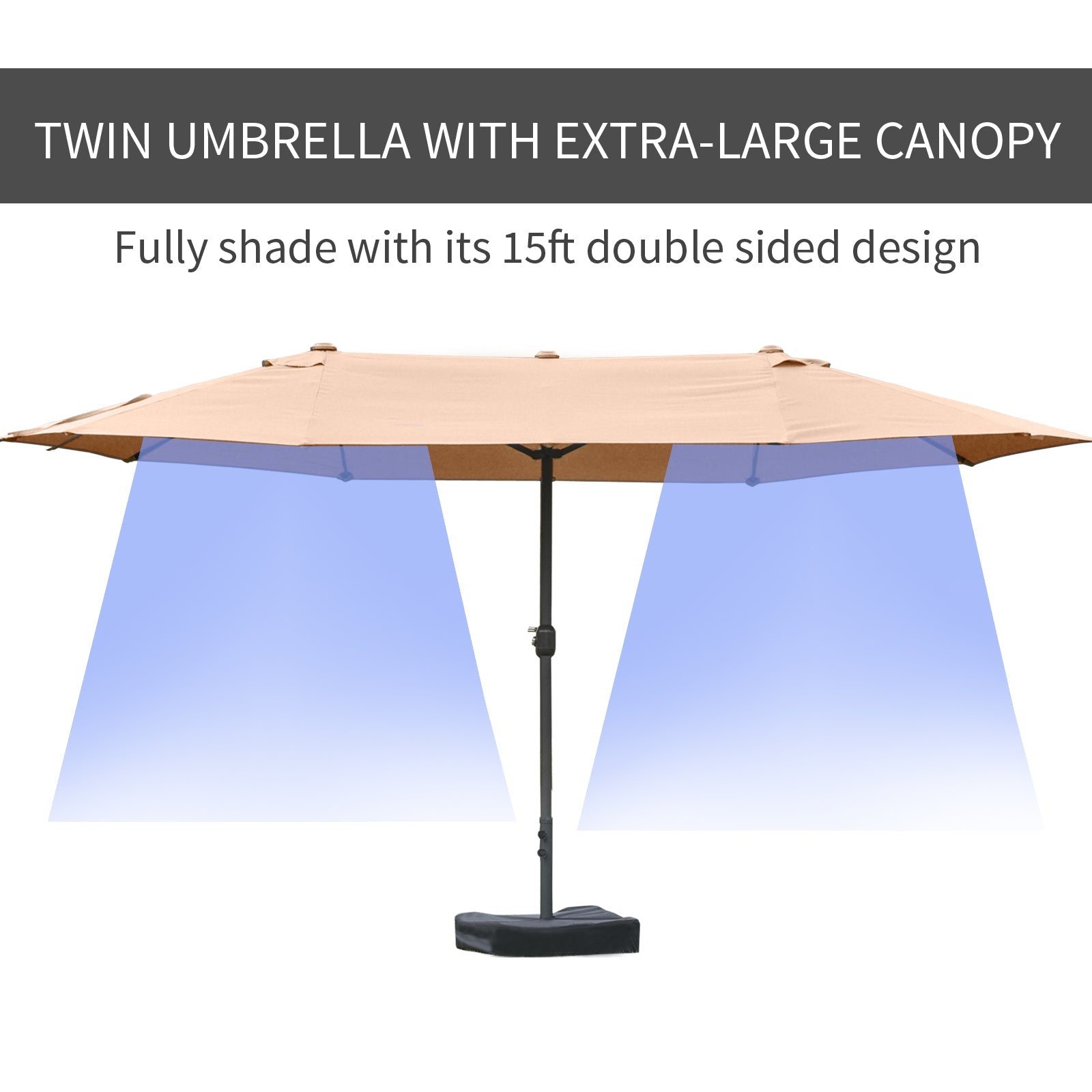 Outsunny 15' Outdoor Patio Umbrella with Twin Canopy Sunshade Steel Table Umbrella w/ Lift Crank, Cross base, Sandbag, Brown 