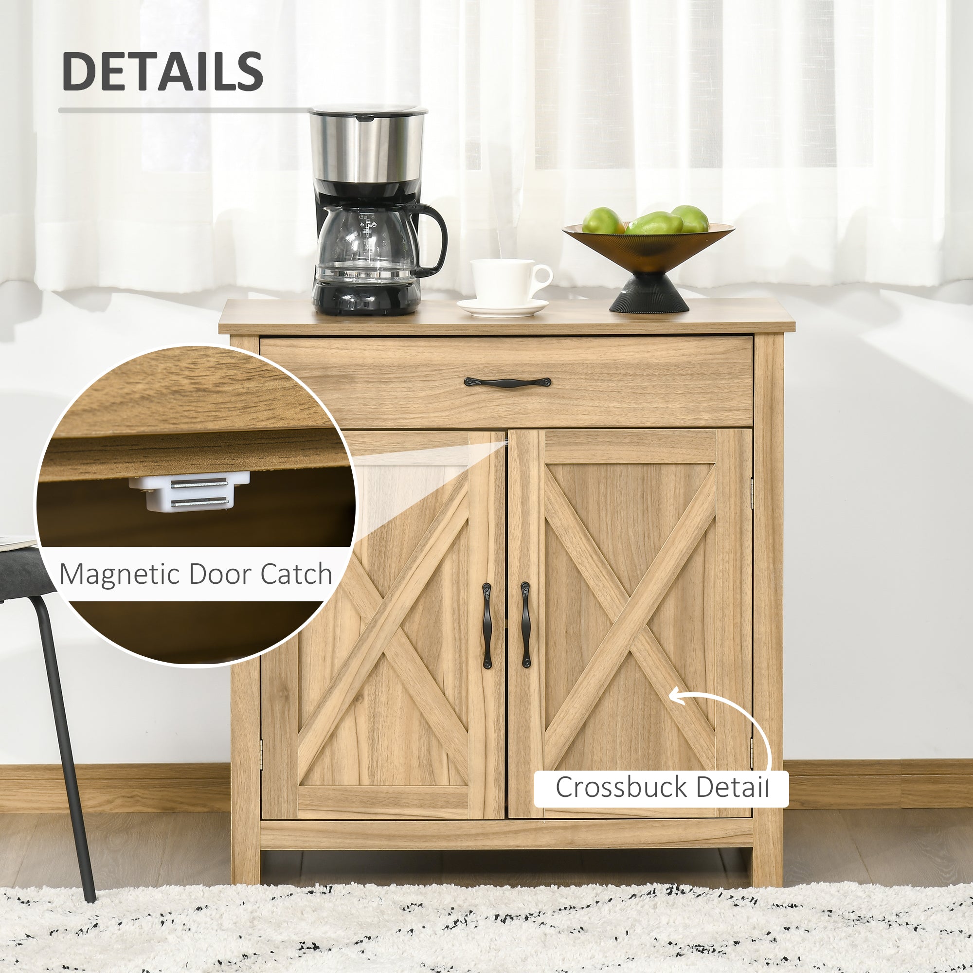 HOMCOM Rustic Barn Door Cabinet: Farmhouse Sideboard Buffet Storage Cabinet, Coffee Bar for Living Room, Entryway, Natural Wood Effect 