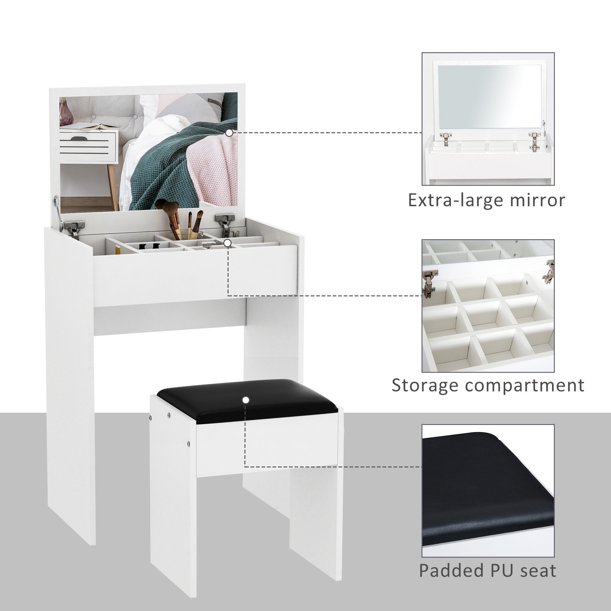 Homcom White Makeup Vanity Dressing Table With Mirror Vanity Set Stool Set Makeup Desk With Flip Top Bedroom Furniture White 