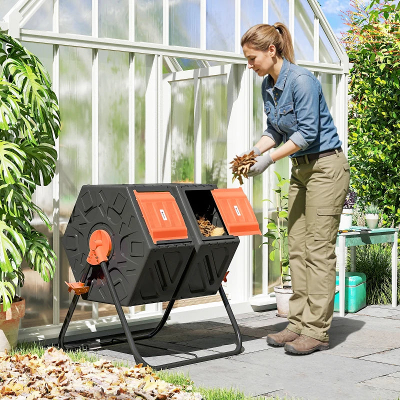 Rotating Composter, Dual Chamber Compost Bin with 24 Vents and Steel Legs, 34.5 Gallon, Orange