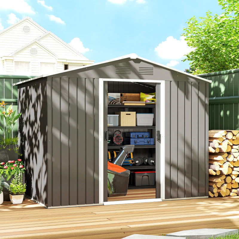 8' x 6' Outdoor Storage Shed, Metal Garden Tool Storage House with Lockable Sliding Doors and Vents for Backyard Patio Lawn, Light Grey