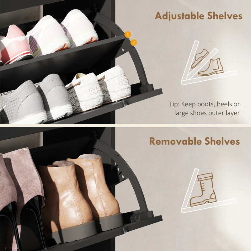 Narrow Shoe Cabinet for Entryway with 2 Flip Drawers, Top Drawer and Adjustable Shelves for 12 Pairs of Shoes, Black