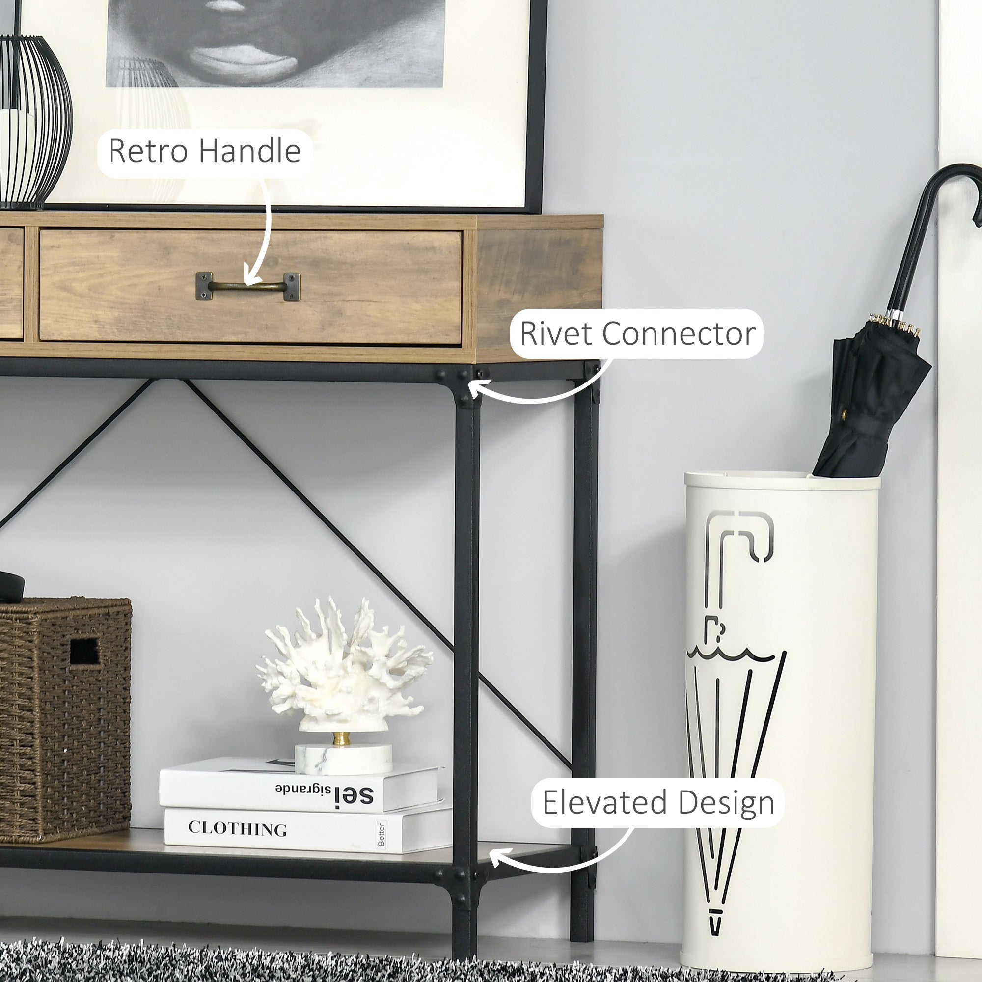 HOMCOM Vintage Console Table: Sofa Table with Storage Drawers & Shelf, Living Room/Entryway/Bedroom, Brown 