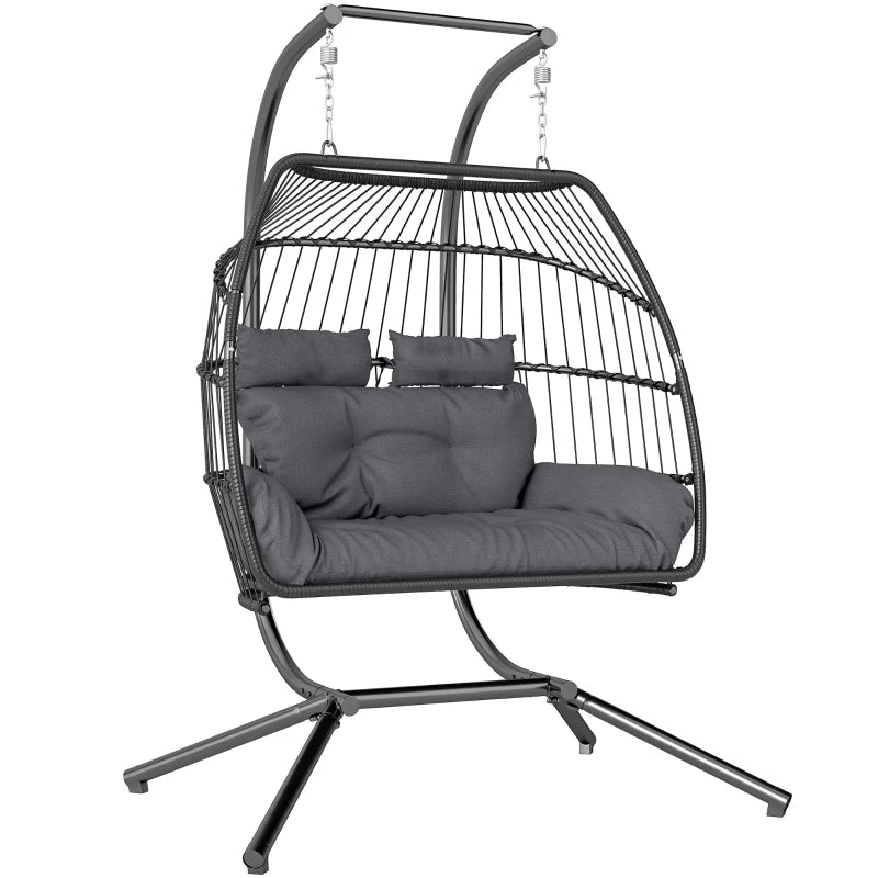 Double Wicker Egg Swing Chair with Stand, Foldable Hanging Egg Chair with UV Resistant Cushion, Headrest, Dark Grey