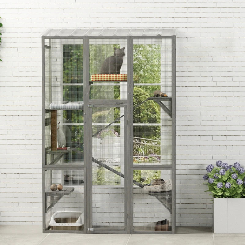 Wooden Catio Outdoor Cat Enclosure with 6 Jumping Platforms, Scratching Post, 2 Ramps, Waterproof Roof, Grey