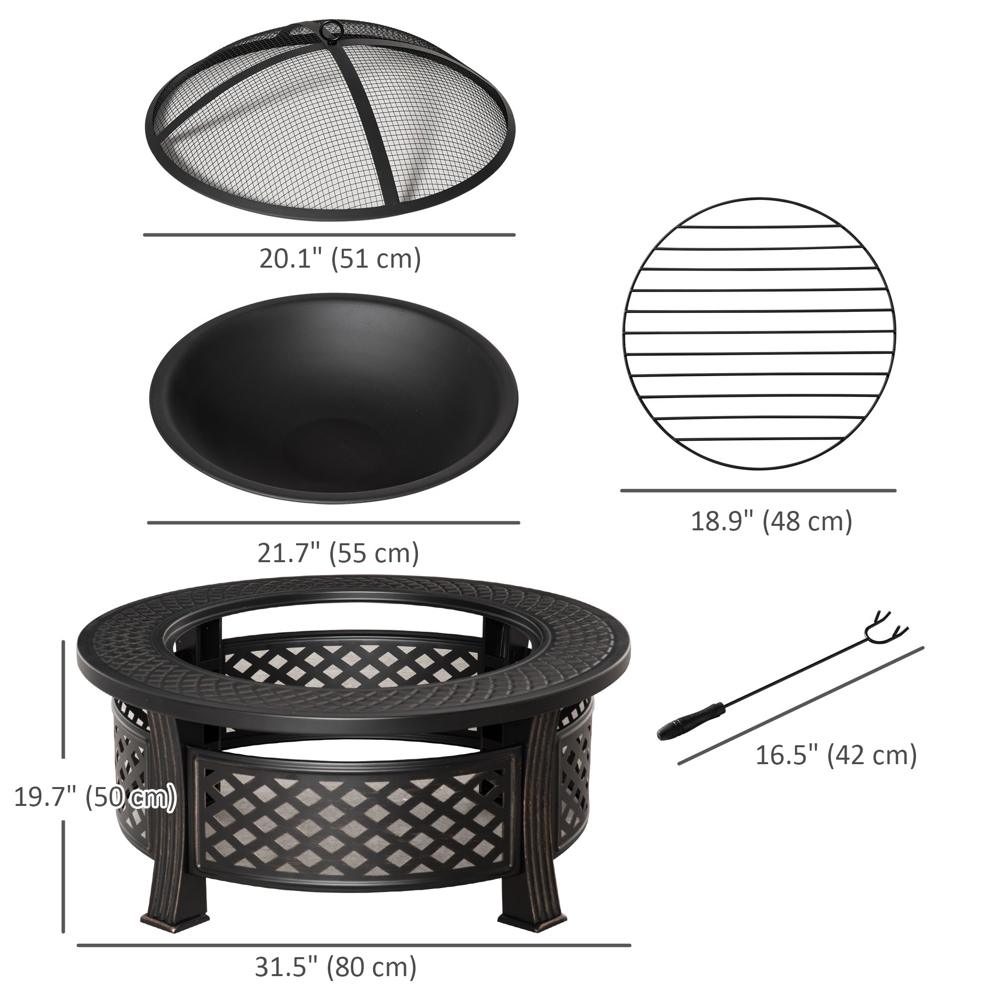 Outsunny Outdoor Fire Pit, Firepit with Grill Net, Mesh Lid, Poker, for Camping, Bonfire, Picnic, Bronze 