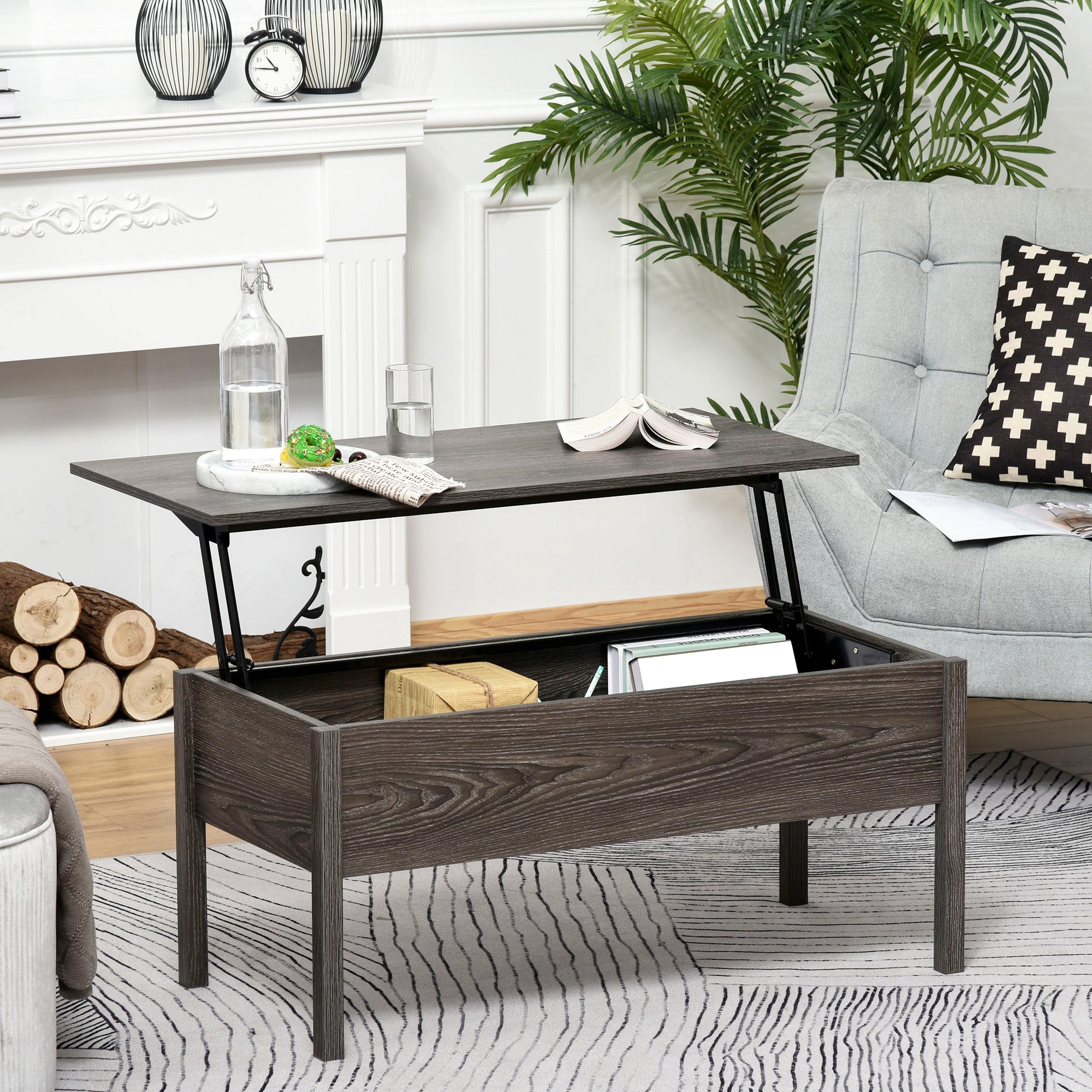 HOMCOM Grey 39" Modern Lift Top Coffee Table: Center Table with Hidden Storage Compartment for Living Room 
