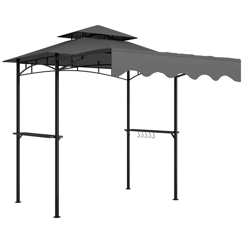8' x 7.6' Grill Gazebo, Double Tiered Barbecue Grill Gazebo Shelter w/ Side Awning, 2 Side Shelves, 6 Hooks, Dark Grey