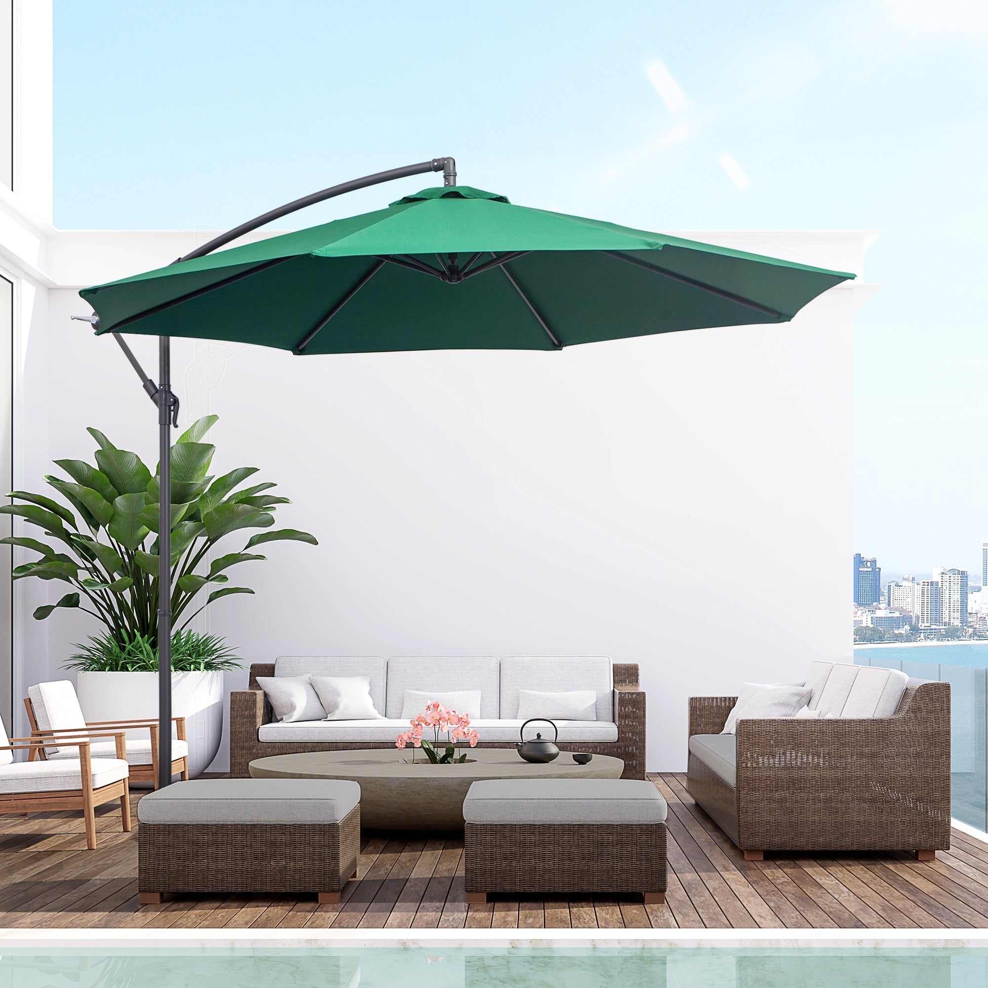 Outsunny Φ10' Offset Hanging Umbrella Patio Sun Shade Canopy Outdoor Market Parasol Crank Lift Dark Green 