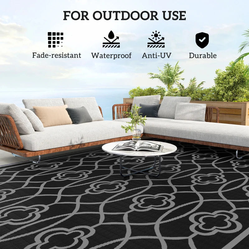 9' x 18' Outdoor RV Rug, Reversible Patio Floor Mat with Carry Bag, Lantern, Black and Grey