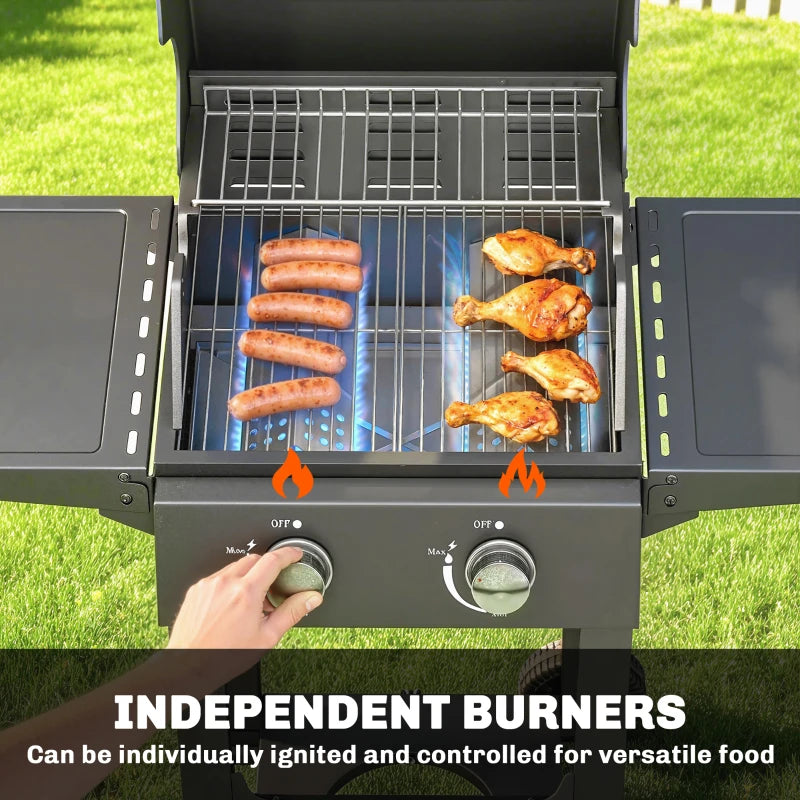 Outsunny 2 Burner Propane Gas Grill with Wheels, 18,400 BTU Portable BBQ Grill with Foldable Side Shelves, Warming Rack, Black