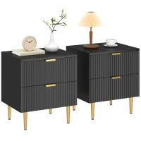 Bedside Table Set of 2, Modern Nightstand with 2 Drawers, Side End Table with Metal Legs for Living Room, Bedroom, Black