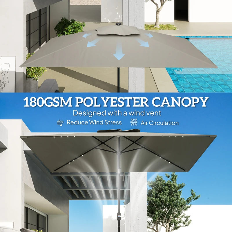 Patio Umbrella with 22 LED Solar Lights and Tilt, Light Grey