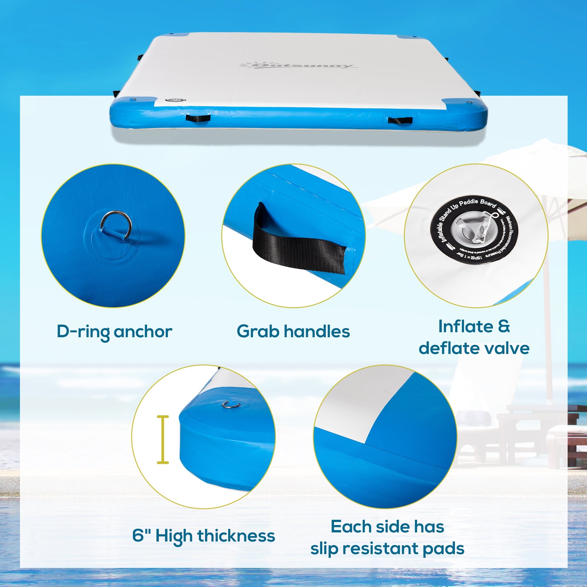 Outsunny 8' x 6' Water Floating Dock, Rafting Inflatable Island with Air Pump and Backpack for Pool, Beach, Ocean, Blue 