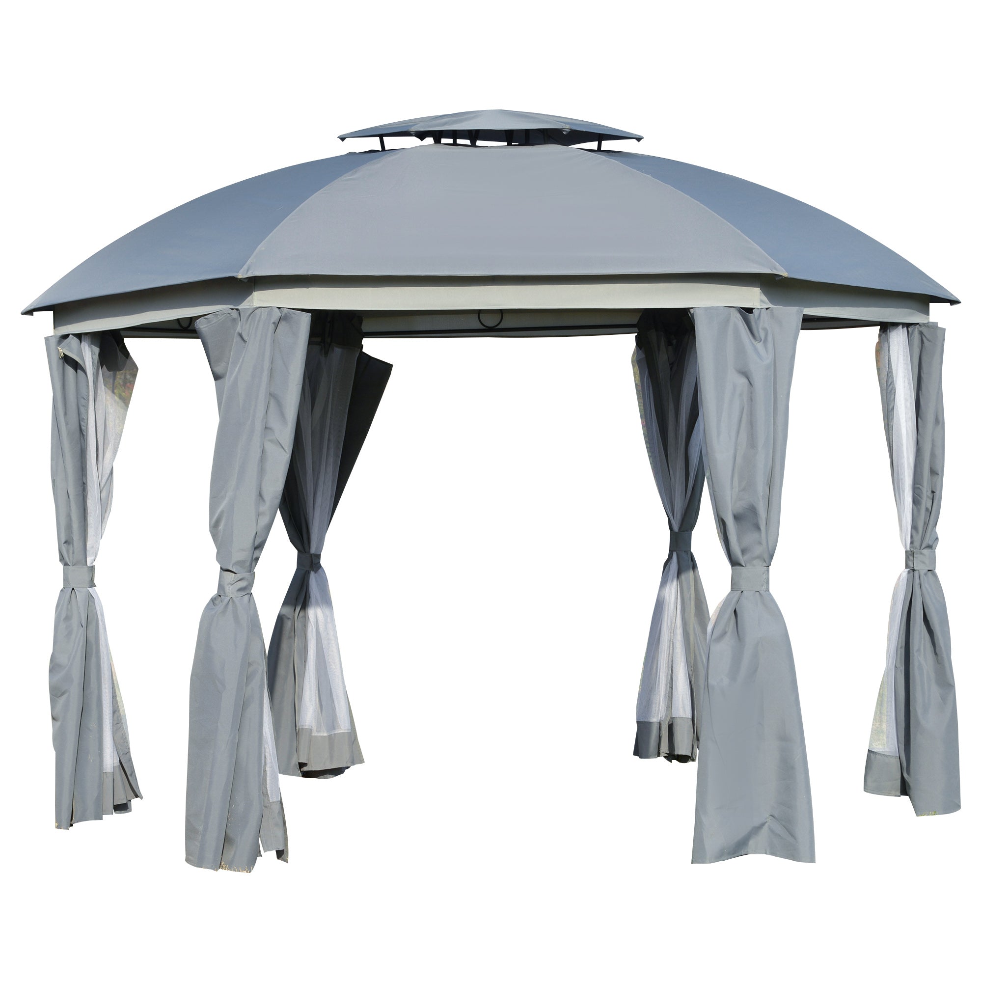 Outsunny 12'x12' Dome Outdoor Patio Gazebo Canopy with Netting Sidewalls Curtains Double Vented Roof Dark Grey 