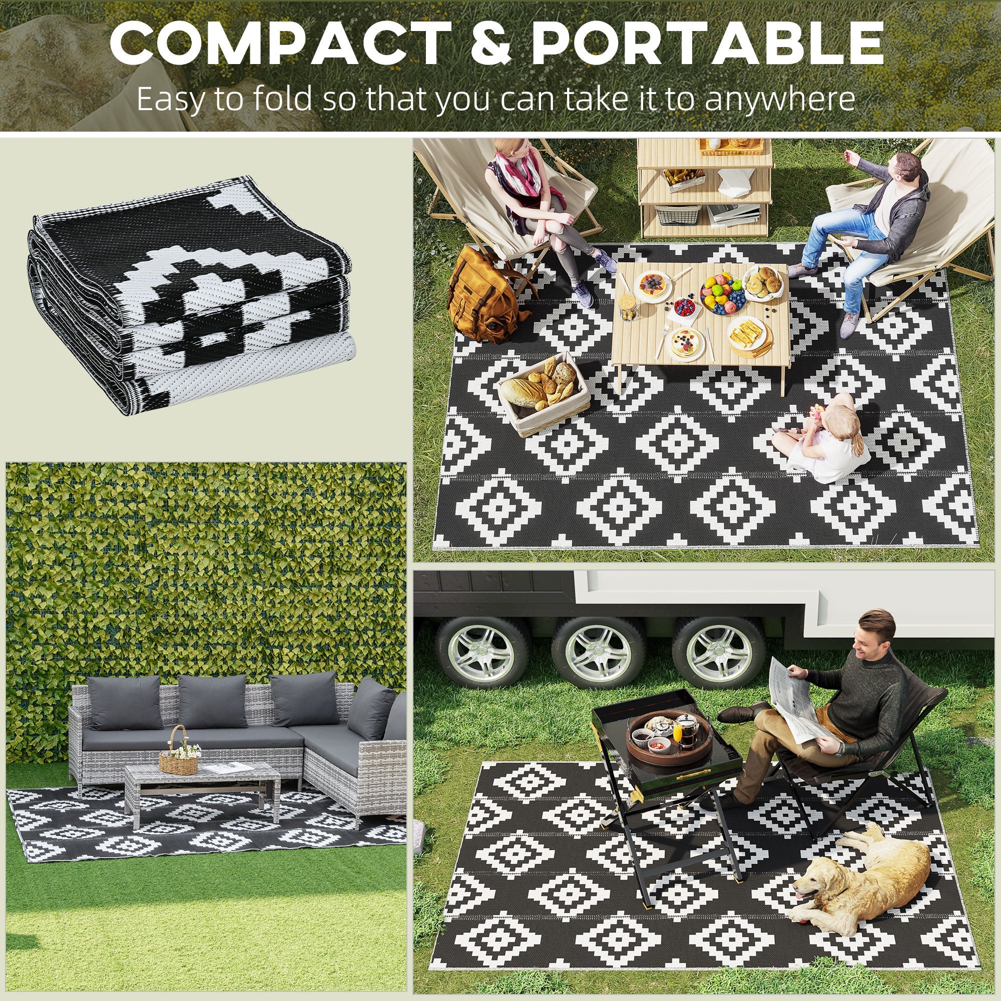 Outsunny Reversible Outdoor RV Rug, Patio Floor Mat, 6' x 9' Plastic Straw Rug for Backyard, Deck, Beach, Camping, Black & White 
