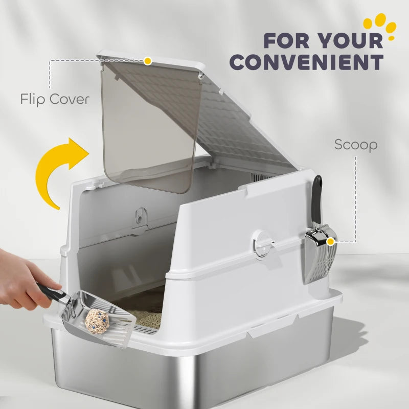 XL Stainless Steel Cat Litter Box for Big Cats with Flip Top, Scoop, Easy Clean & No Odors, Non-Sticky