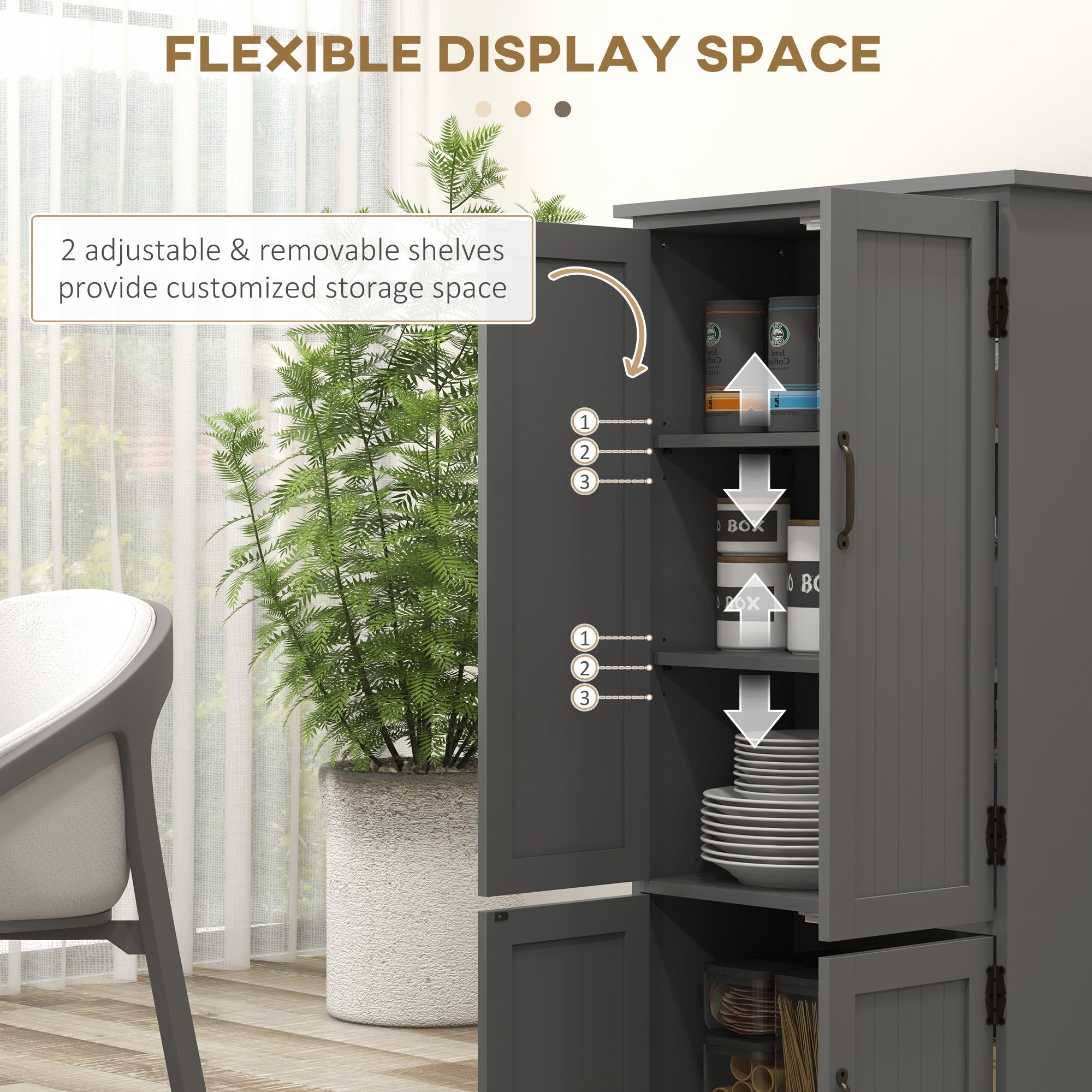 HOMCOM 4-Door Storage Cabinet Multi-Storey Large Space Pantry with Adjustable Shelves Grey 