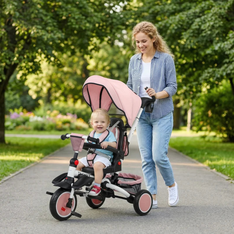 Qaba 6 in 1 Toddler Tricycle for 1-5 Years Old with Push Handle, Removable Canopy, Rotatable Seat, Pink