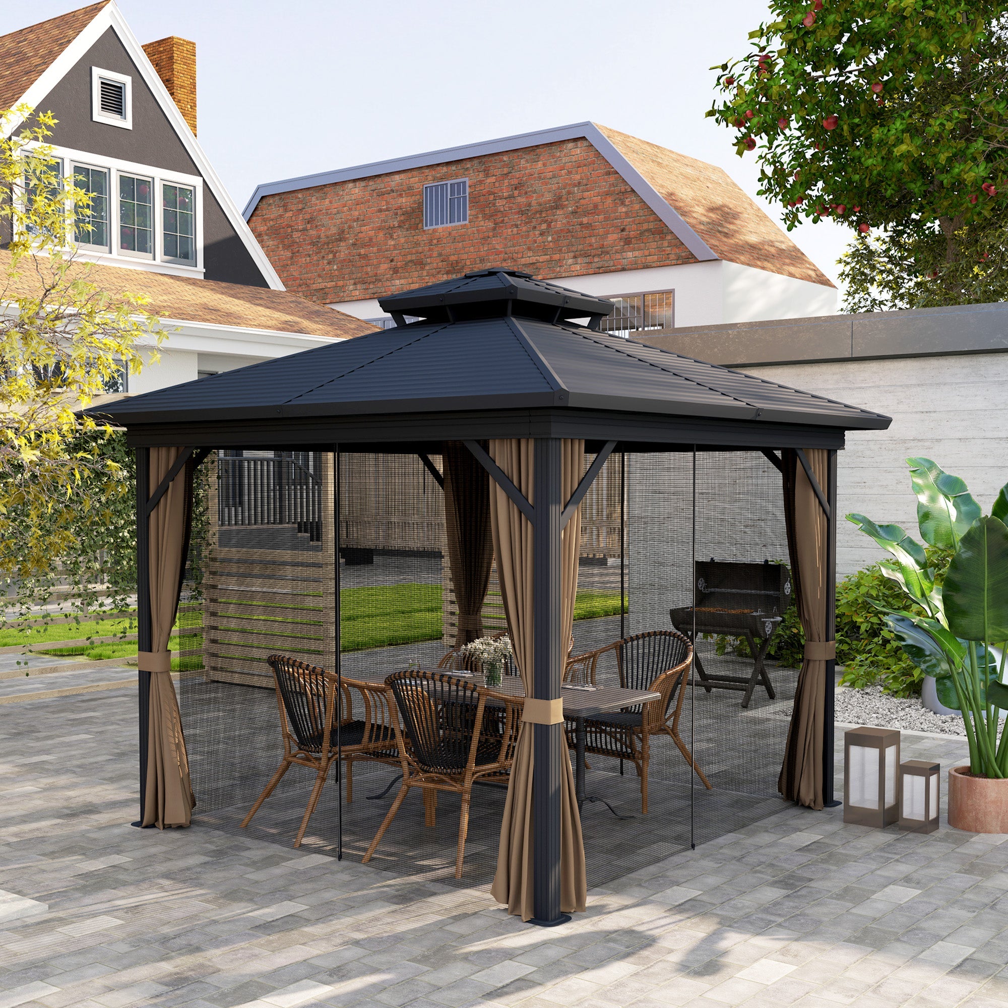 Outsunny 10' x 10' Hardtop Gazebo, Sun Shelter with Double Tier Metal Roof, Mosquito Netting, and Hanging Hook, Dark Brown 