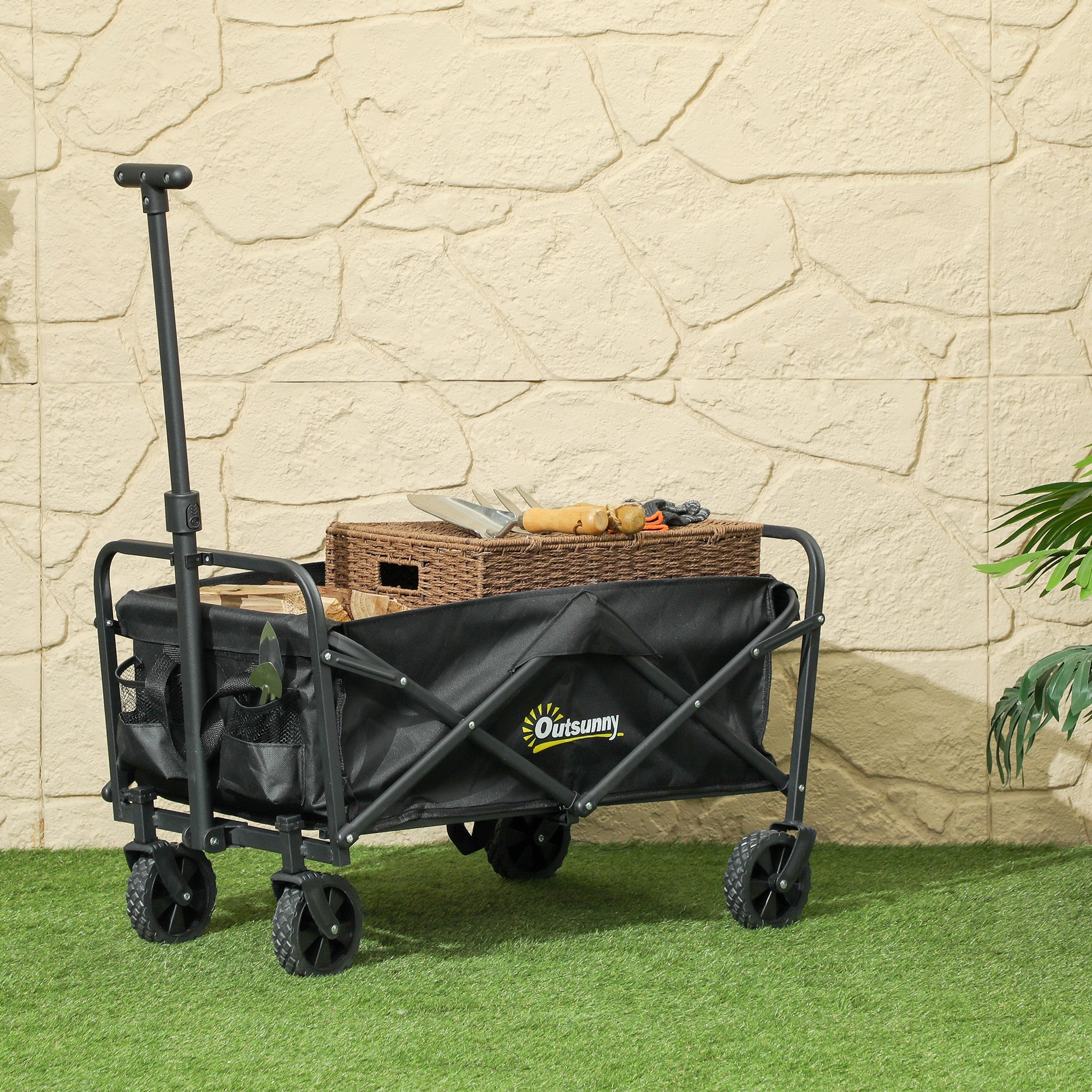 Outsunny Collapsible Folding Garden Cart, Heavy Duty Lawn Wagon with Universal Wheels and Adjustable Handle, Black 