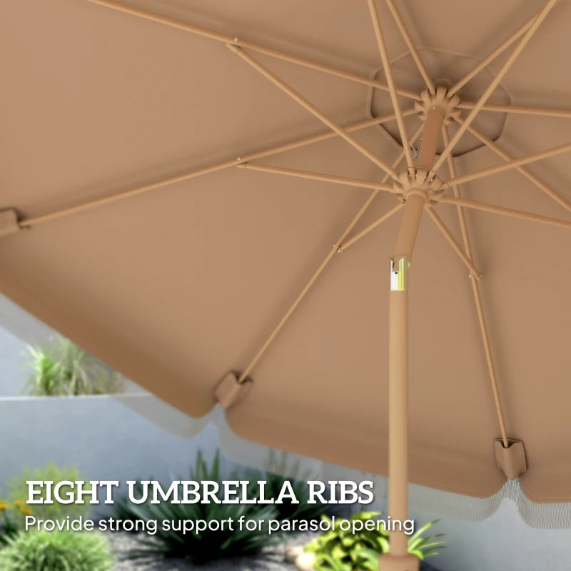 9 ft Patio Umbrella with Push Button Tilt and Crank, Fringed Outdoor Market Table Umbrella Parasol, Khaki