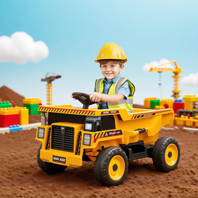 Qaba Kids Electric Car, Ride On Dump Truck, 12V Ride On Toy with Electric Dump Bed and Remote Control, Yellow
