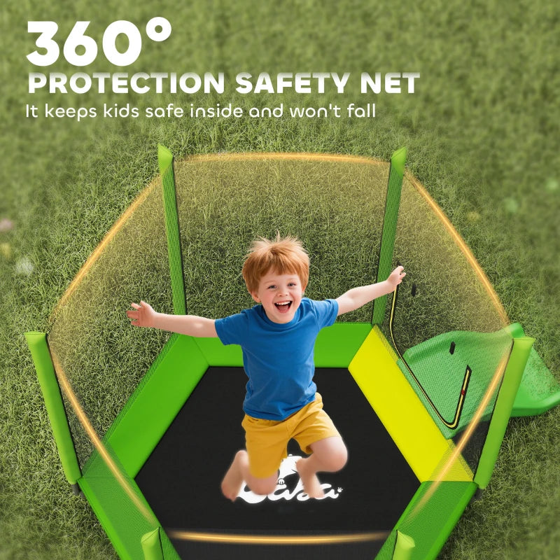 Qaba 85" Trampoline for Kids with Safety Enclosure, Toddler Trampoline with Slide Ladder for Ages 3+, Green