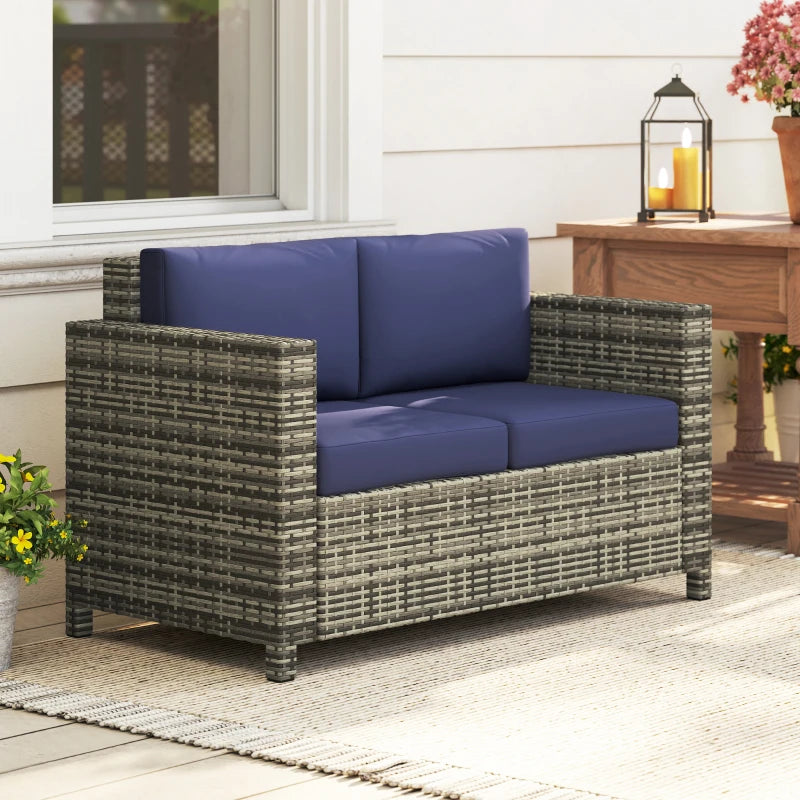 Wicker Outdoor Sofa, All Weather Patio Couch Loveseat with Cushions for Balcony, Deck, Garden, Poolside, Dark Blue