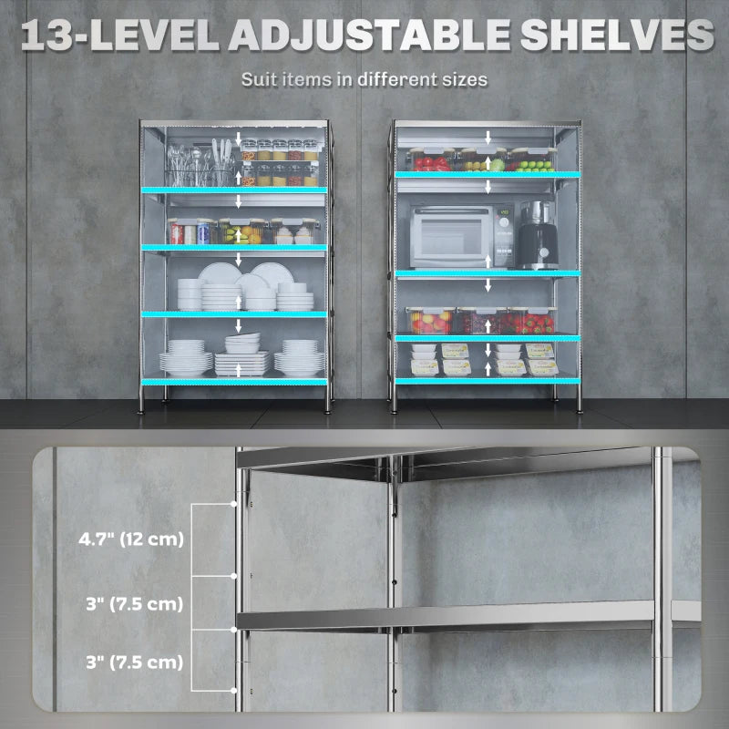 Bakers Rack, 5-Tier Stainless Steel Kitchen Storage Shelf with Adjustable Heights for Spices, Pots and Pans, Silver
