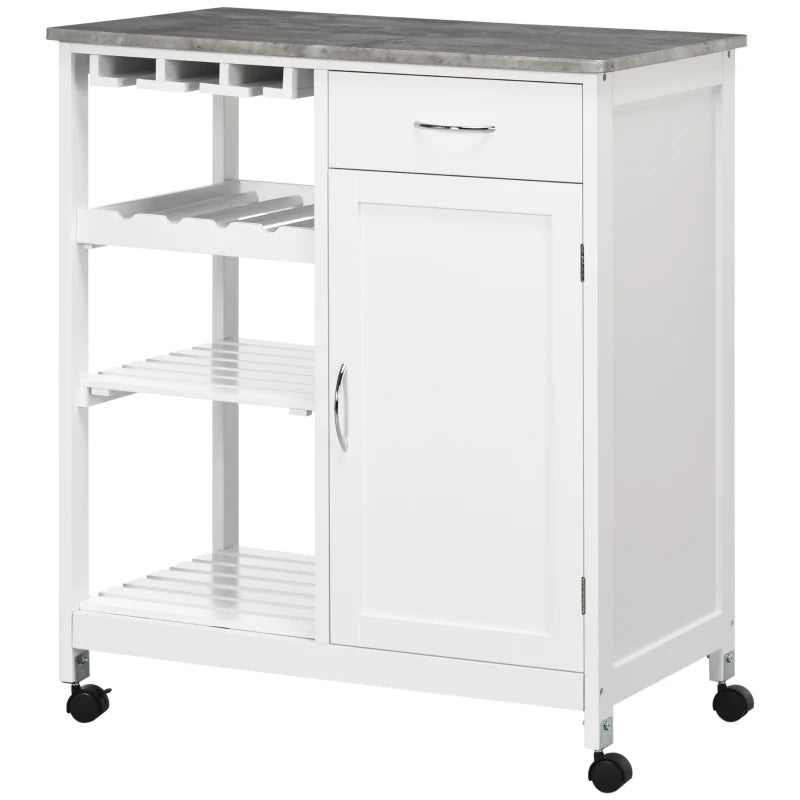Rolling Kitchen Cart, Bar Cart on Wheels with Wine Rack, Drawer, Open Shelves, Cabinet and Faux Marble Top, Kitchen Island with Storage, White