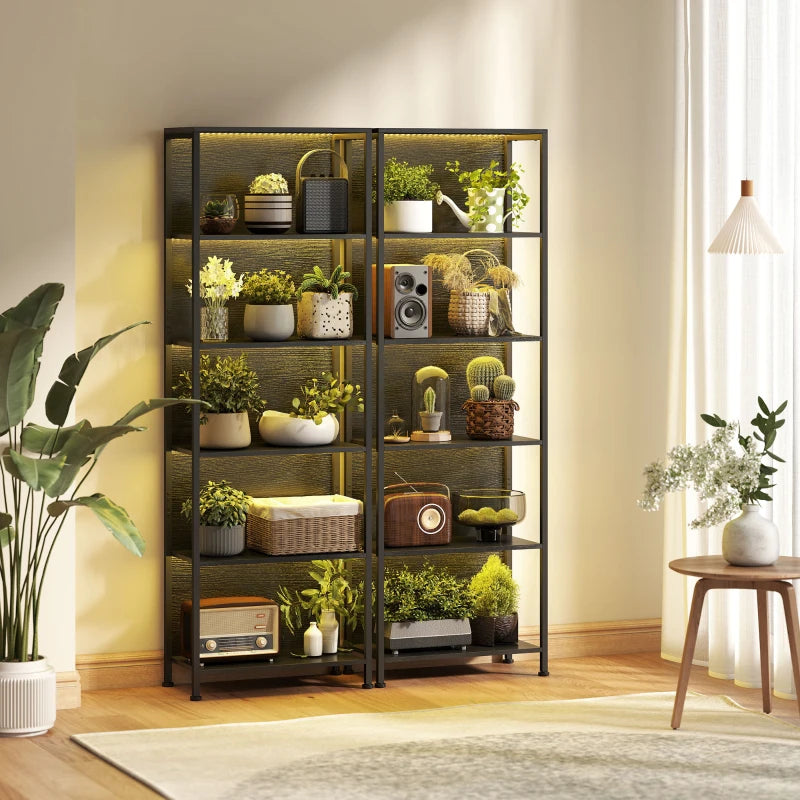 5-Tier Bookshelf, Freestanding Bookcase with LED Lights and Metal Frame for Living Room, Bedroom, Home Office, Black