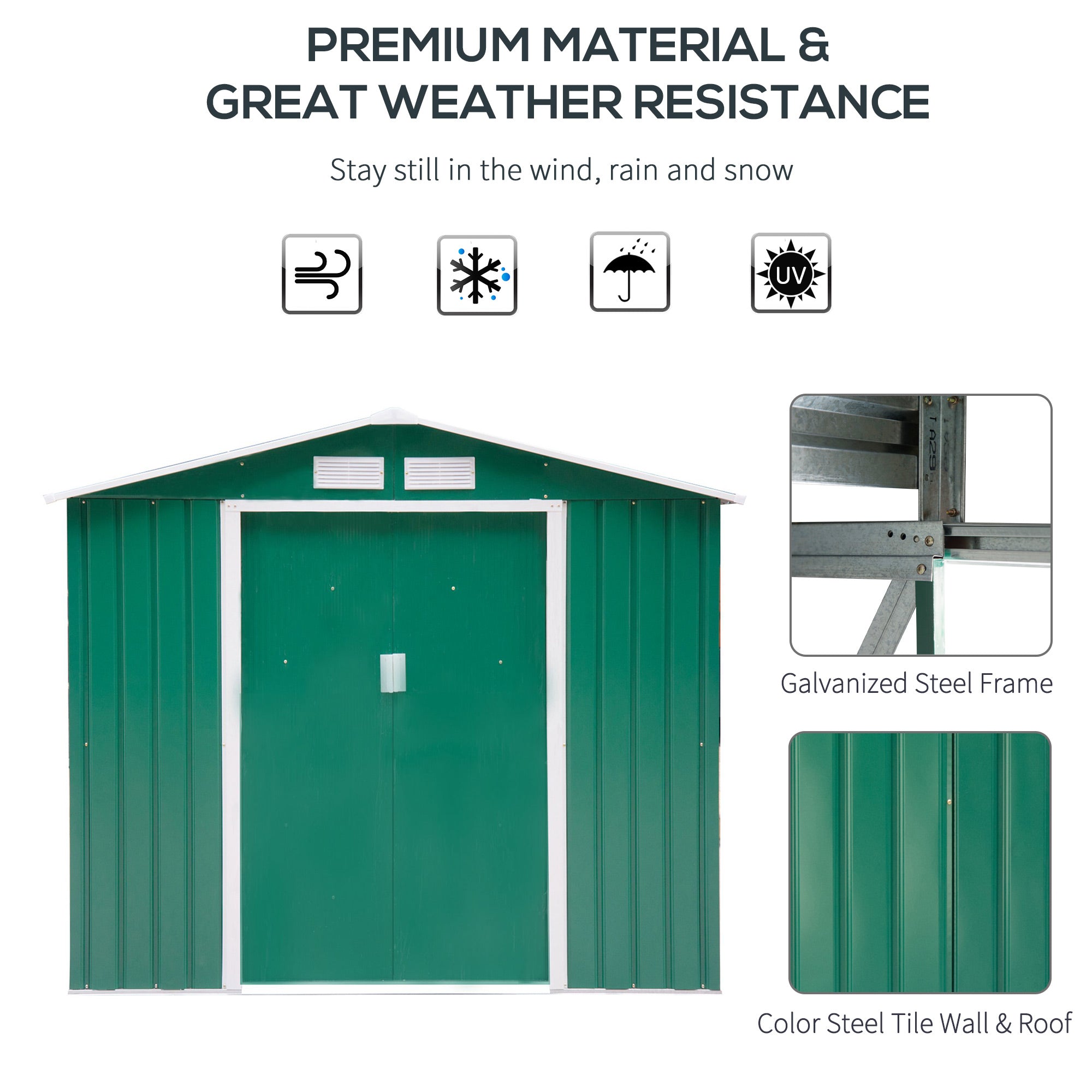 Outsunny Metal Garden Shed 7' x 4' x 6' Outdoor Storage Steel Foundation Double Doors Green 