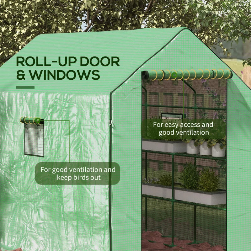 Walk-in Greenhouse with 3 Tier, Garden Plant Growhouse with Roll-up Door and Mesh Windows, 140 x 213 x 190 cm, Green