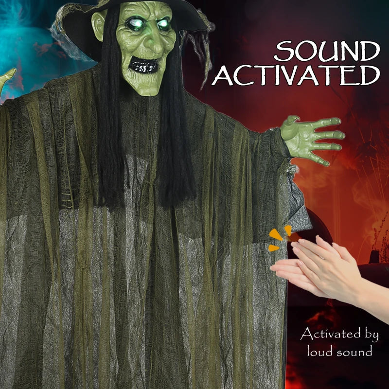 Outsunny Animated Hanging Witch – Voice-Activated, Flashing Eyes & Wicked Laughter, Green Halloween Prop 