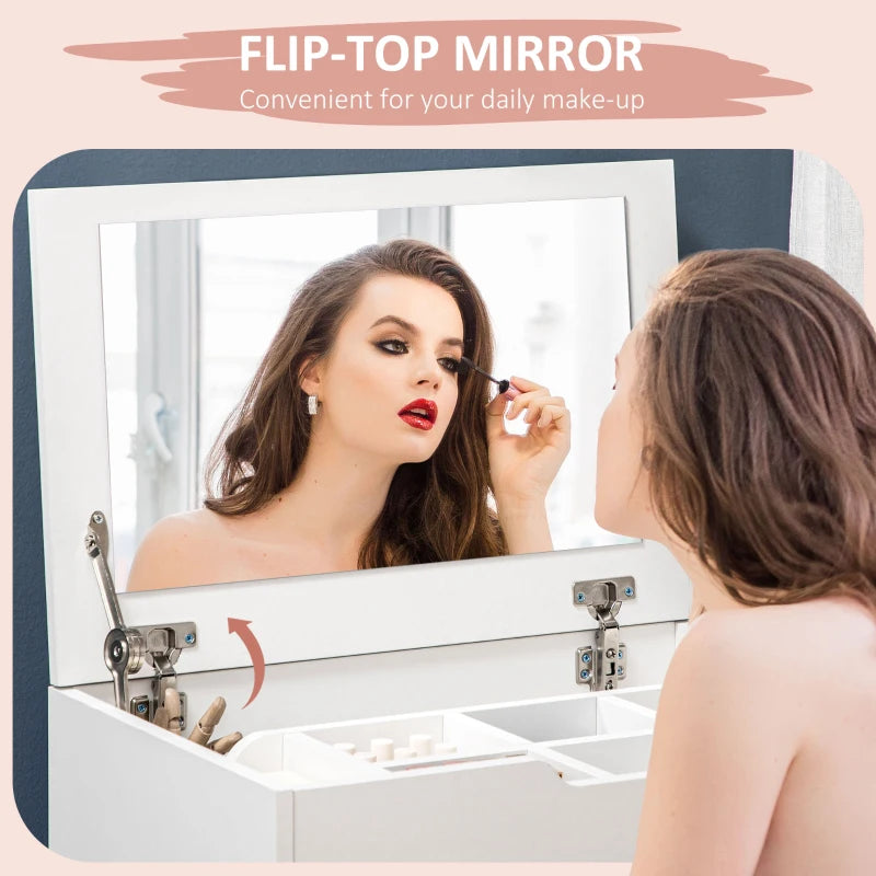 Vanity Set with Flip Top Mirror, Makeup Vanity Table with Stool, Dressing Table with Drawer and 7 Compartments, White