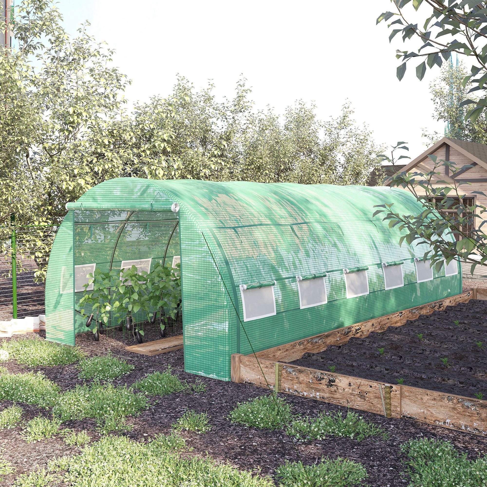 Outsunny Large Walk-in Greenhouse, 20'x10'x6.6' Tunnel Greenhouse with Zippered Door and 12 Roll-up Windows, Outdoor Green House for Garden Plant, Green 