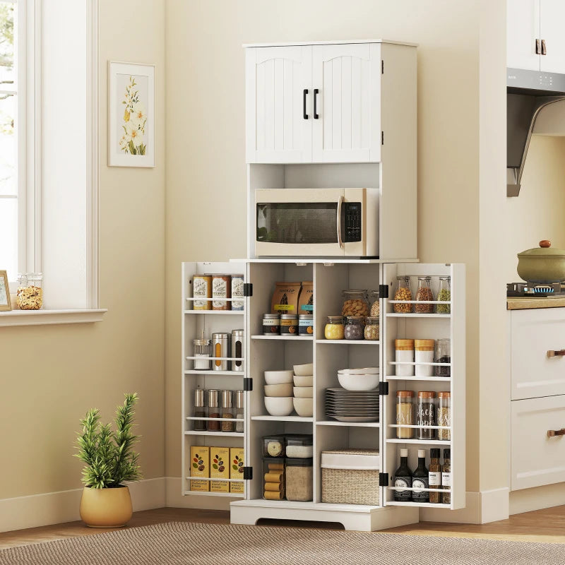 71.5" Tall Pantry Cabinet, Farmhouse Kitchen Storage Cabinet with Adjustable Shelves, 8 Door Spice Racks, White