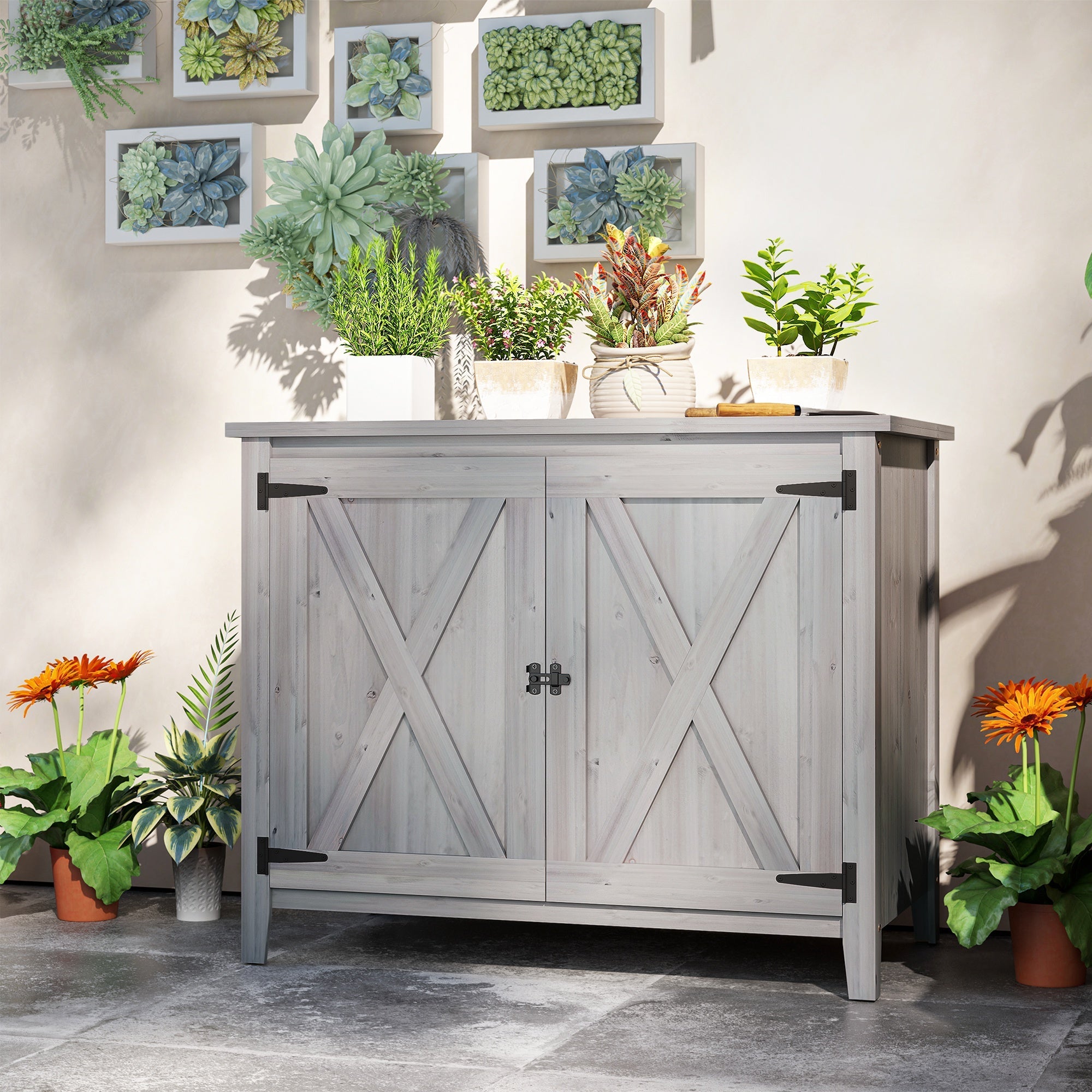 Outsunny Wooden Outdoor Storage Cabinet, Garden Shed Potting Shed with Shelf and Double Doors, Light Grey 