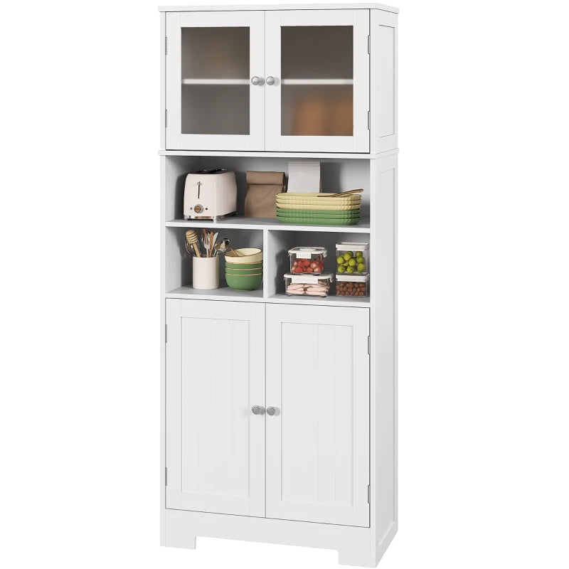 57" Kitchen Pantry, Freestanding Pantry Storage Cabinet with Glass Doors, Adjustable Shelves, Open Compartments, White