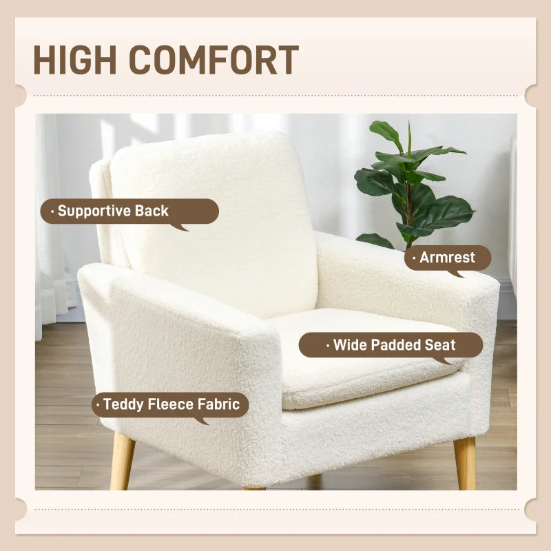 Fabric Accent Chair, Modern Upholstered Armchair with Wood Legs and Wide Padded Seat, Cream White