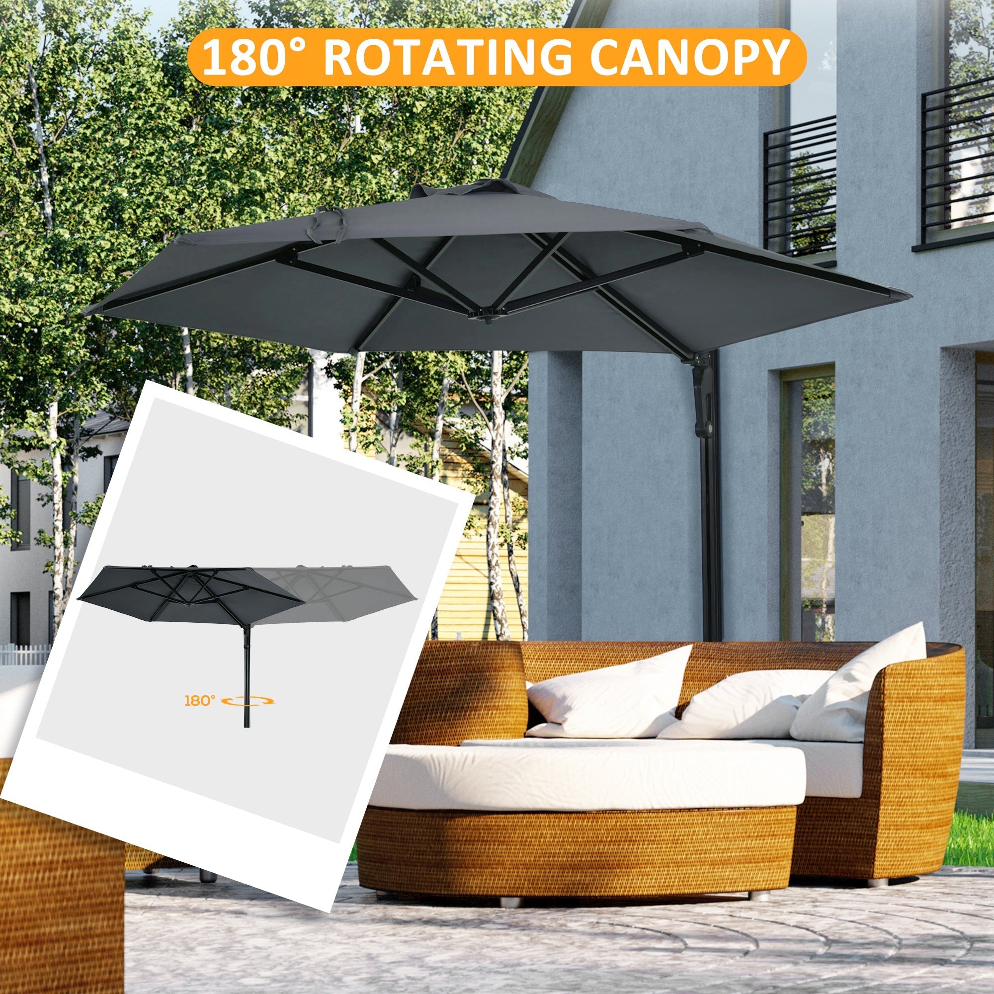 Outsunny 8FT Wall Mounted Umbrella: 180° Rotatable Canopy Outdoor Patio Sun Shade Dark Grey 