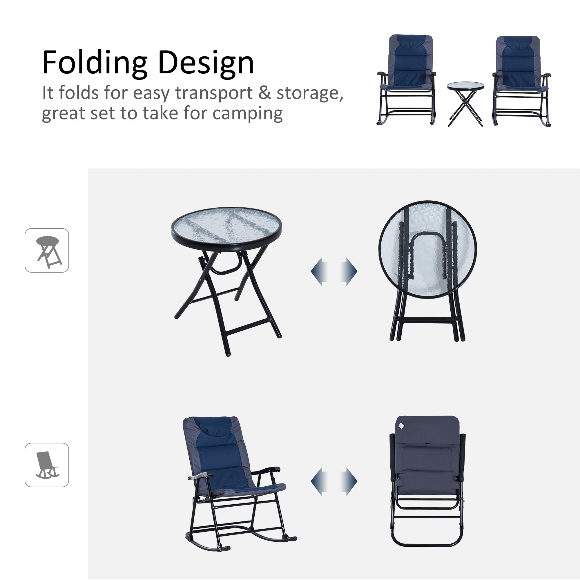 Outsunny 3pc Folding Outdoor Rocking Chair and Table Set Yard 