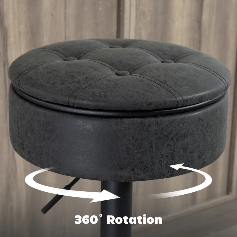 Set of 2 Barstools with Storage, Swivel Bar Stools with PU Leather Upholstered, Footrest, Steel Base, Black