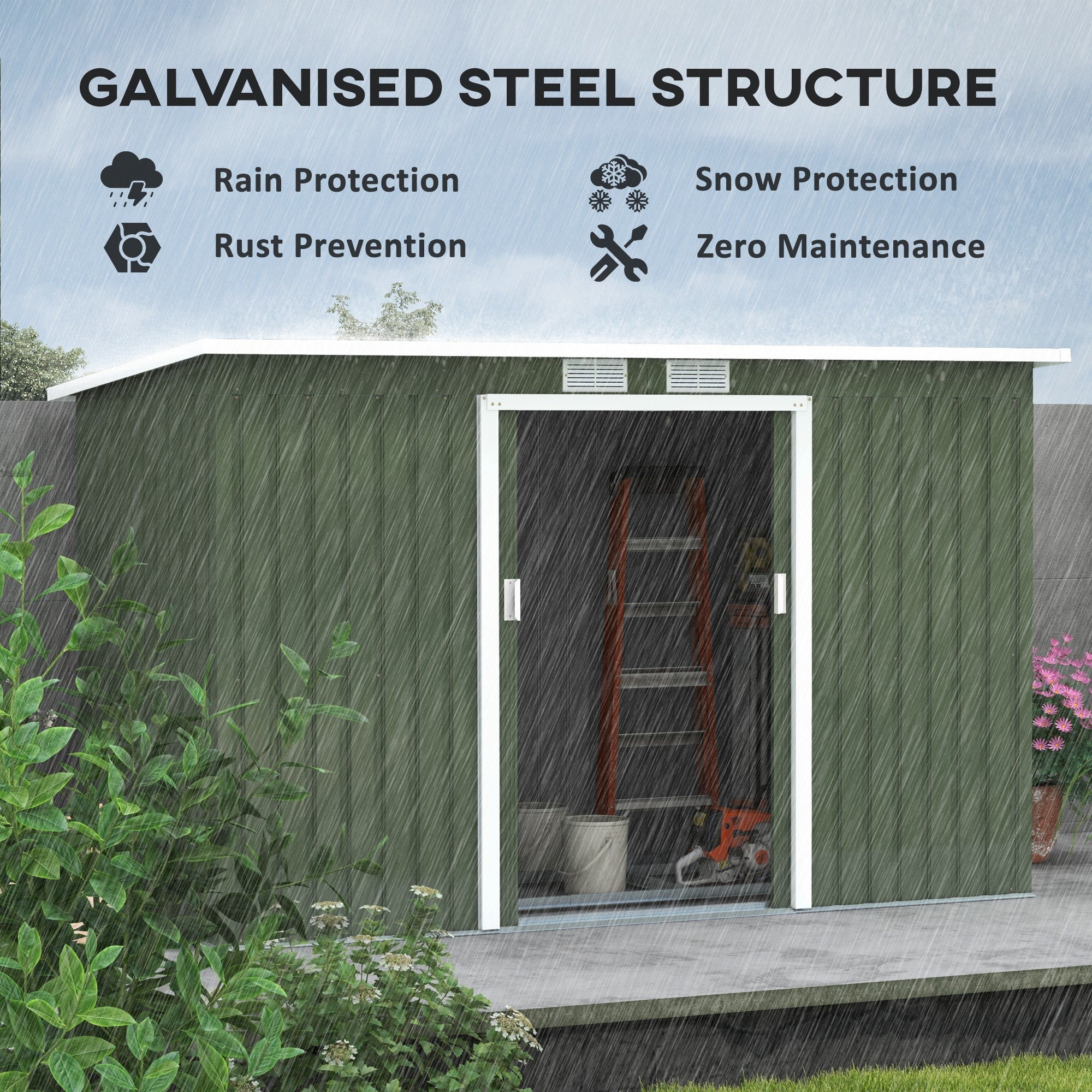 Outsunny 9'x4' Corrugated Metal Garden Shed: Summer House with Foundation, Vents & Doors, Light Green 