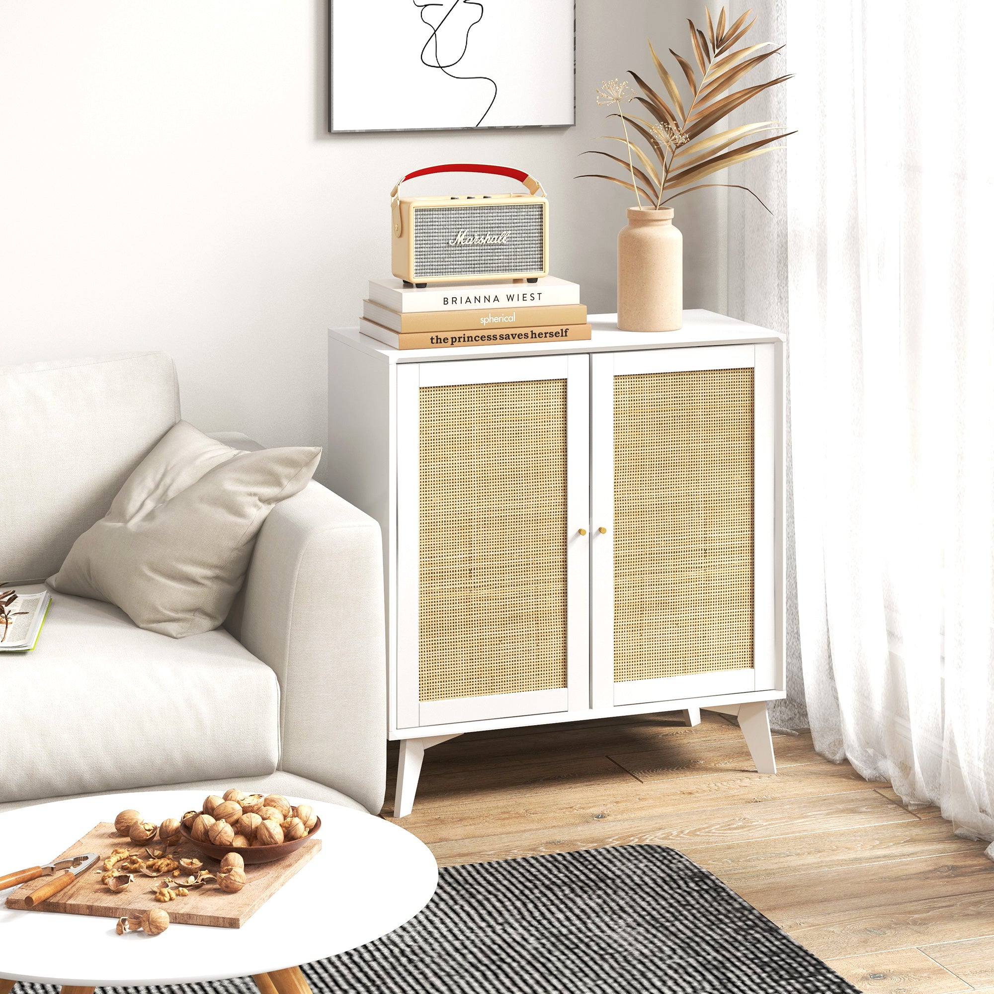 HOMCOM Bohemian Bliss: Rattan Door Sideboard Cabinet with Adjustable Shelf for Dining Room, Kitchen Storage 
