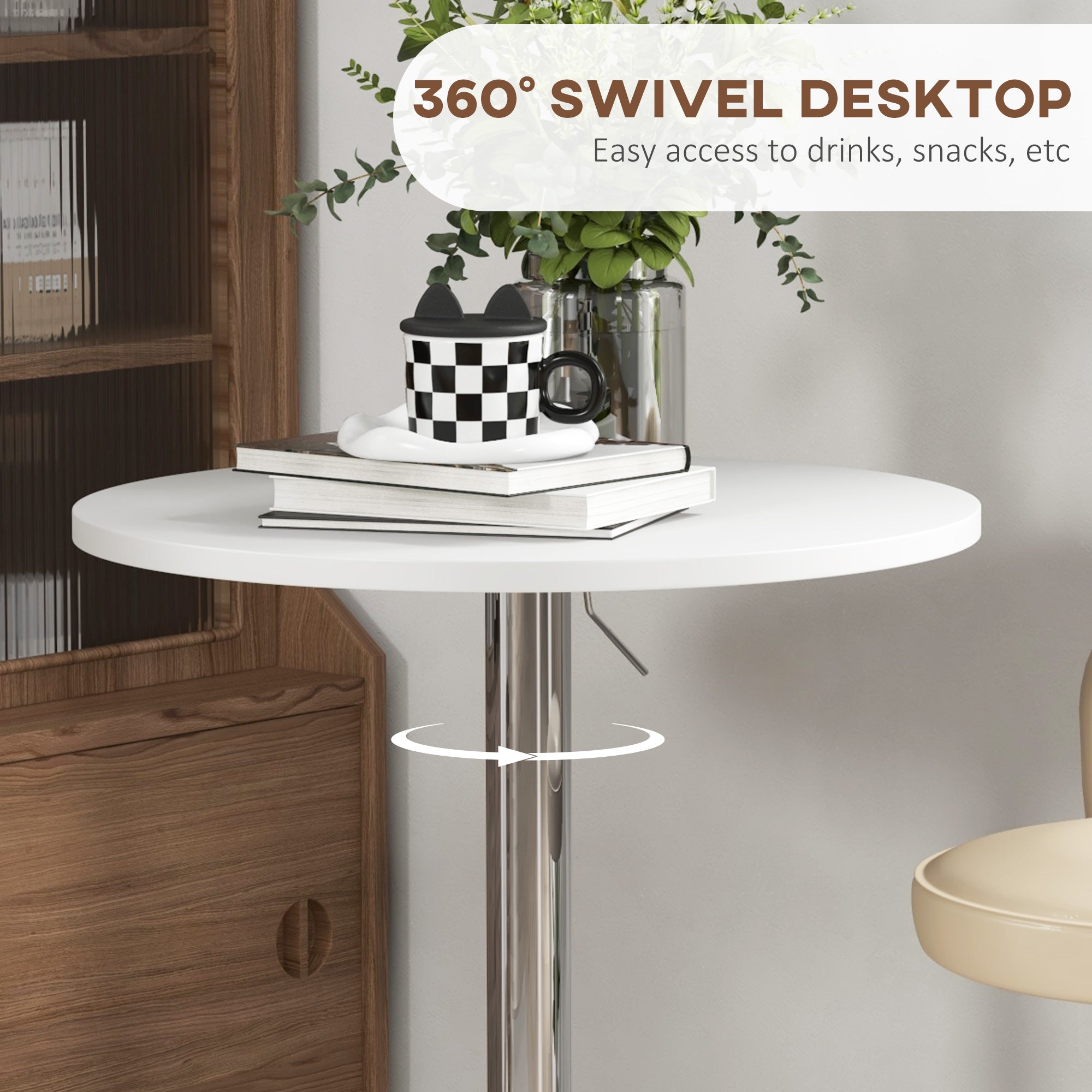 HOMCOM Swivel Simplicity: Adjustable High Top Bar Table, White Round Steel Base Bistro Style for 2 People 