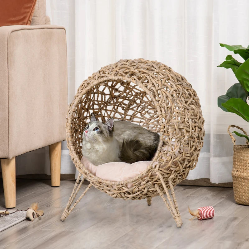 Rattan Cat House with Cushion, Elevated Wicker Kitten Bed for Indoor Cats, Natural Wood