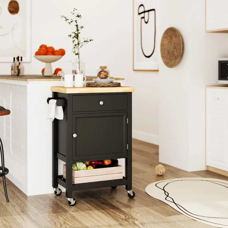 Kitchen Island on Wheels, Rolling Kitchen Cart with Wood Top, Towel Rack, Drawer and Shelf for Dining Area, Black