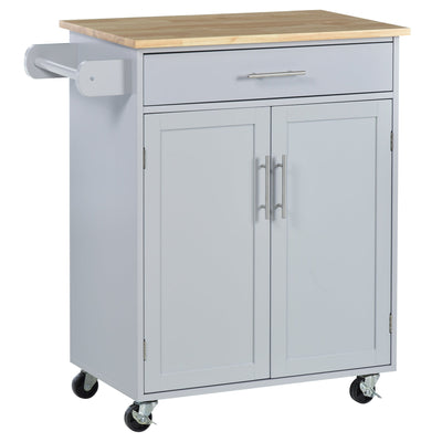 HOMCOM Versatile Kitchen Aide: Rolling Island Cart with Wood Top, Storage Drawer, Towel Bar, Shelves, and Grey Finish 